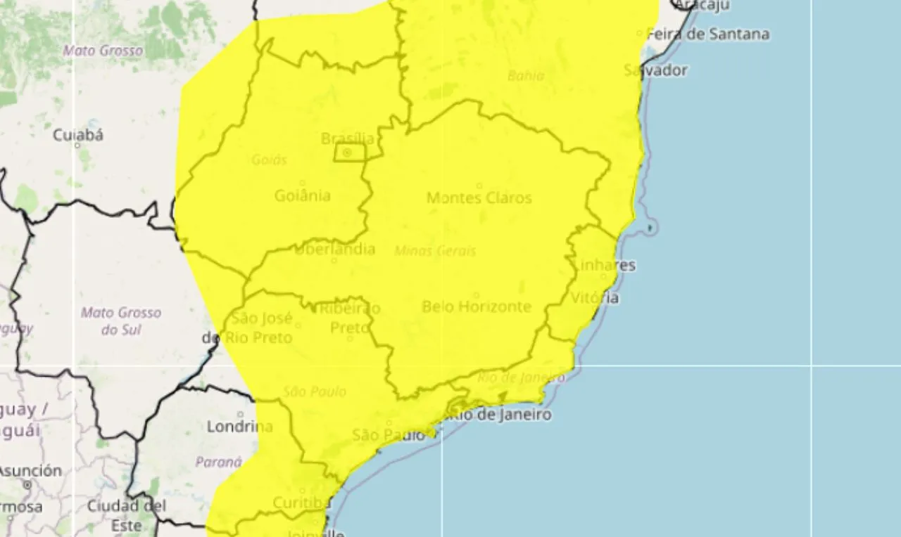o mapa mostra as &aacute;reas em alerta para queda de temperatura